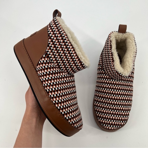 Amambaih Juana Low Woven Leather Chunky Shearling Lined Snow Boots in Cognac 9 - Picture 1 of 11